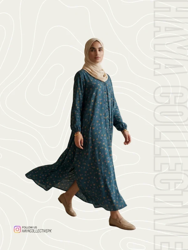 Close-up detail of the abaya’s button placket and floral print