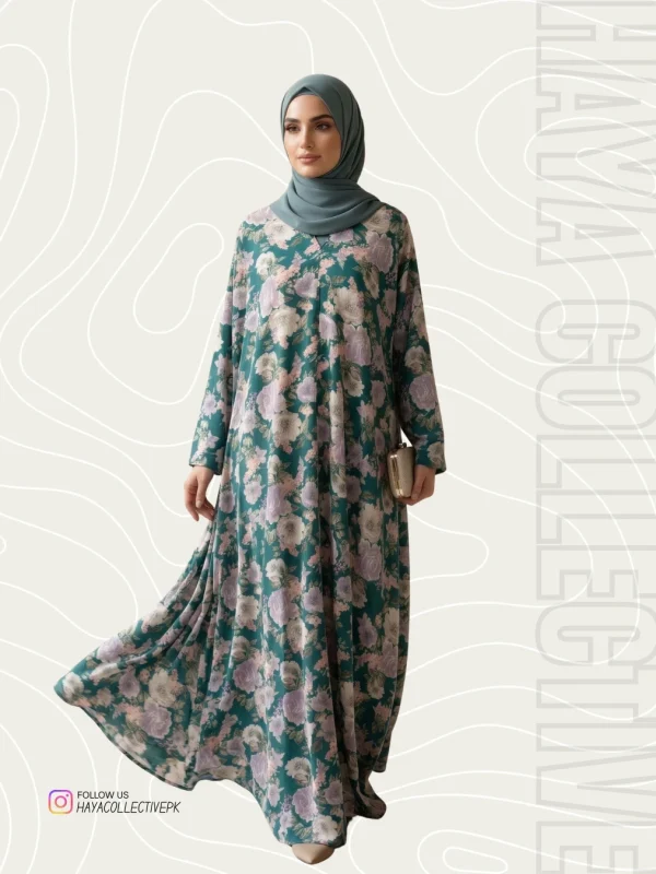 Elegant White and Green Floral Printed Abaya for Women