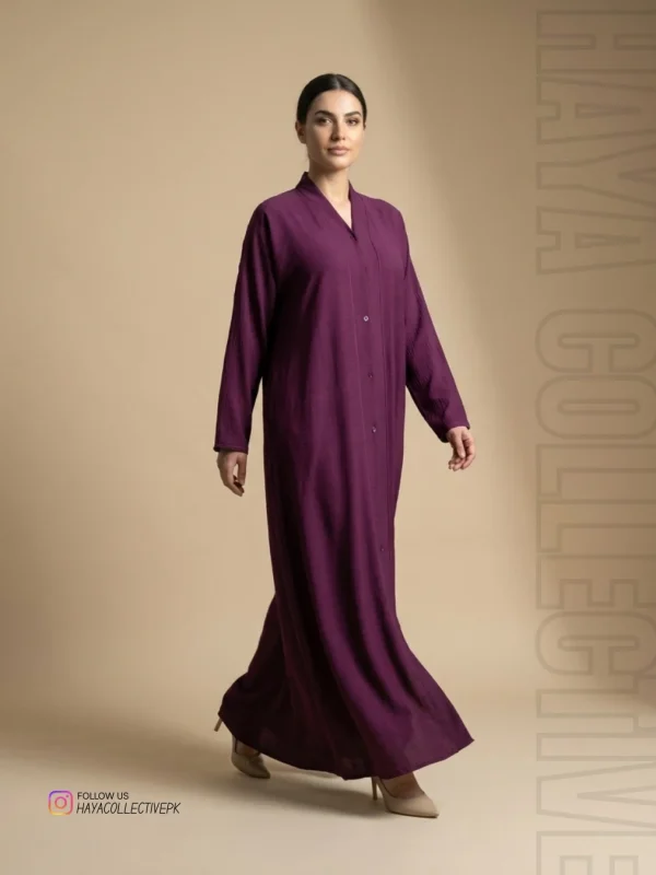 Full length modest plum abaya with loose flowy silhouette for formal and daily wear