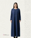 Elegant navy blue silk abaya for women with minimal button design by Haya Collective front view