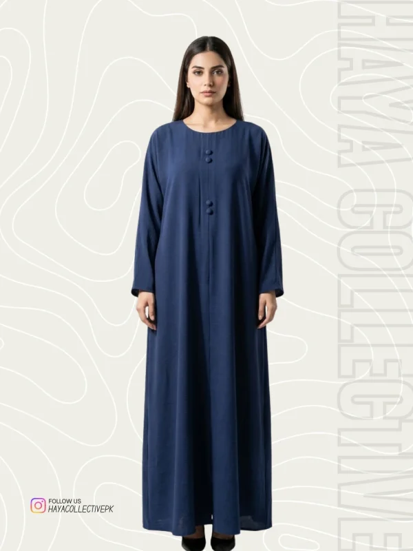 Elegant navy blue silk abaya for women with minimal button design by Haya Collective front view