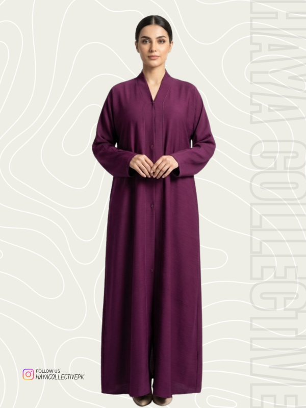 Full length modest plum abaya with loose flowy silhouette for formal and daily wear