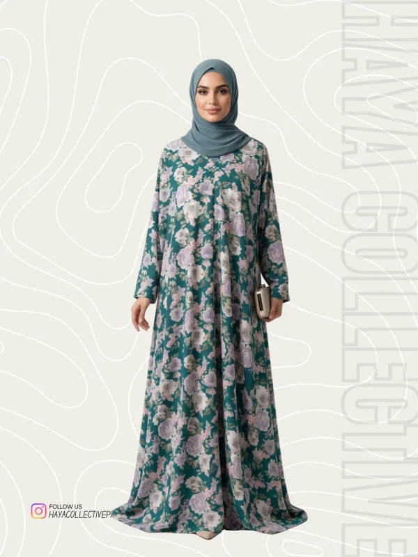 Printed Georgette Abaya White and Green Floral Design – Haya Collective