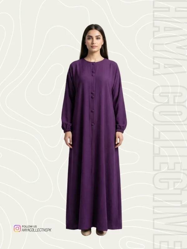 rich plum purple premium abaya for women front view