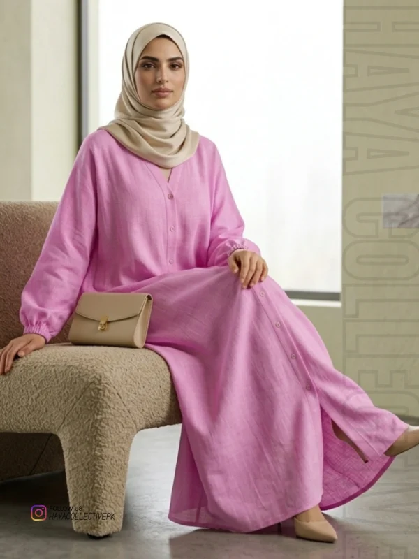 V neckline elegant abaya for women pink