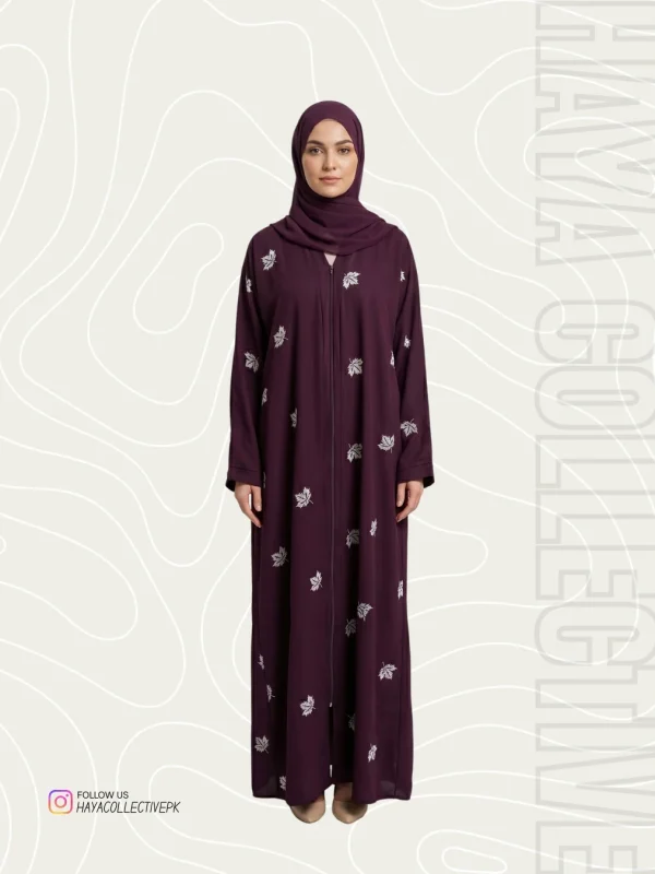 Deep Plum Maple Embroidered Silk Abaya Front View – Hayacollective