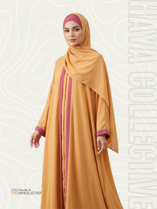 Double georgette gown with hijab in mustard gold and rose mauve color
