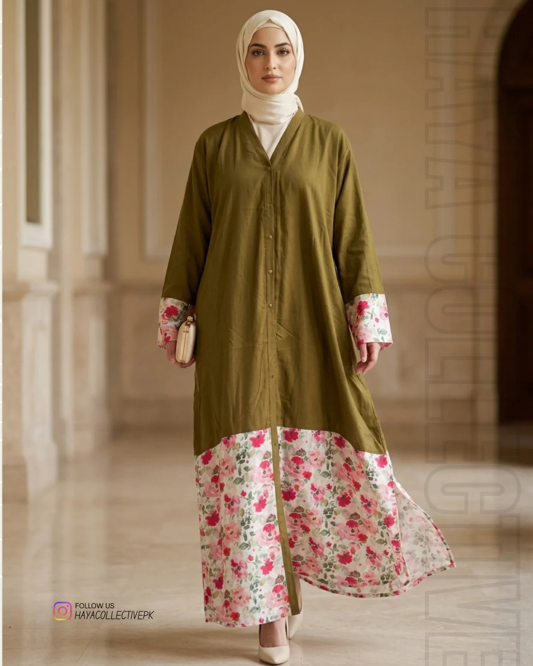 Luxury olive brown Shamoz silk abaya with floral printed sleeves and trouser