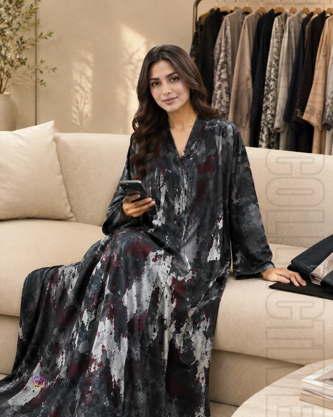 Close-up of front buttons and digital print on double georgette abaya
