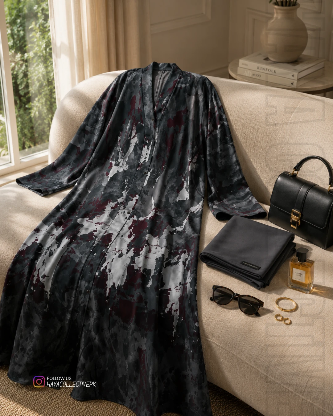 Charcoal and burgundy abstract printed abaya for women