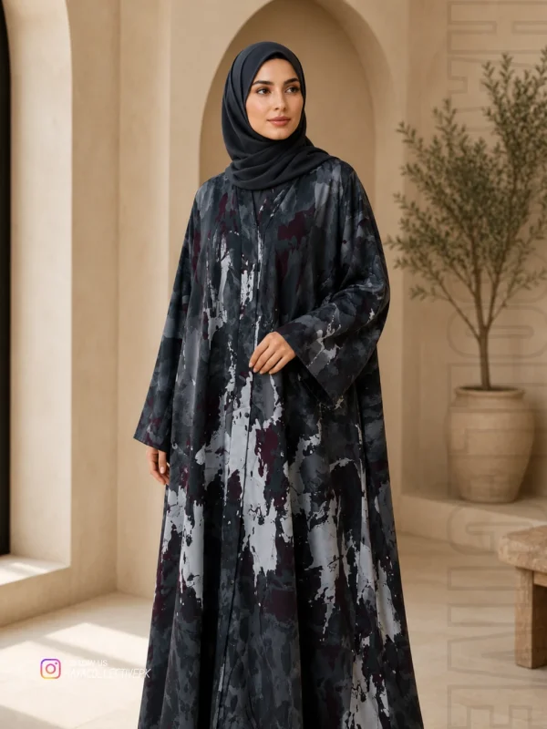 Double georgette digital print abaya in charcoal, grey and burgundy