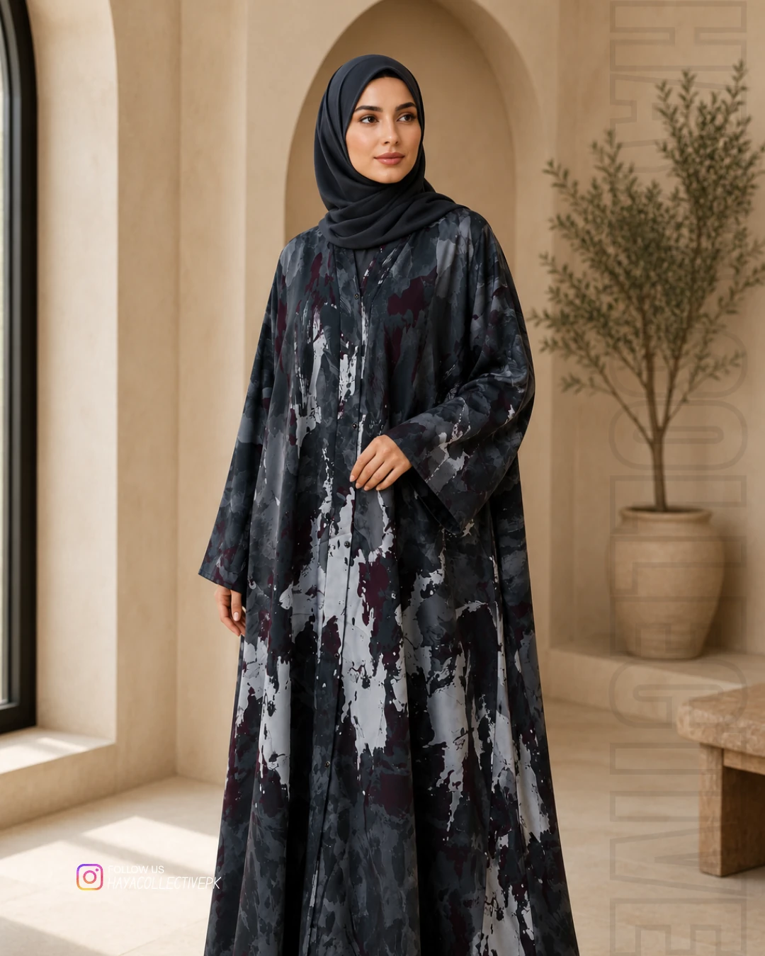Double georgette digital print abaya in charcoal, grey and burgundy