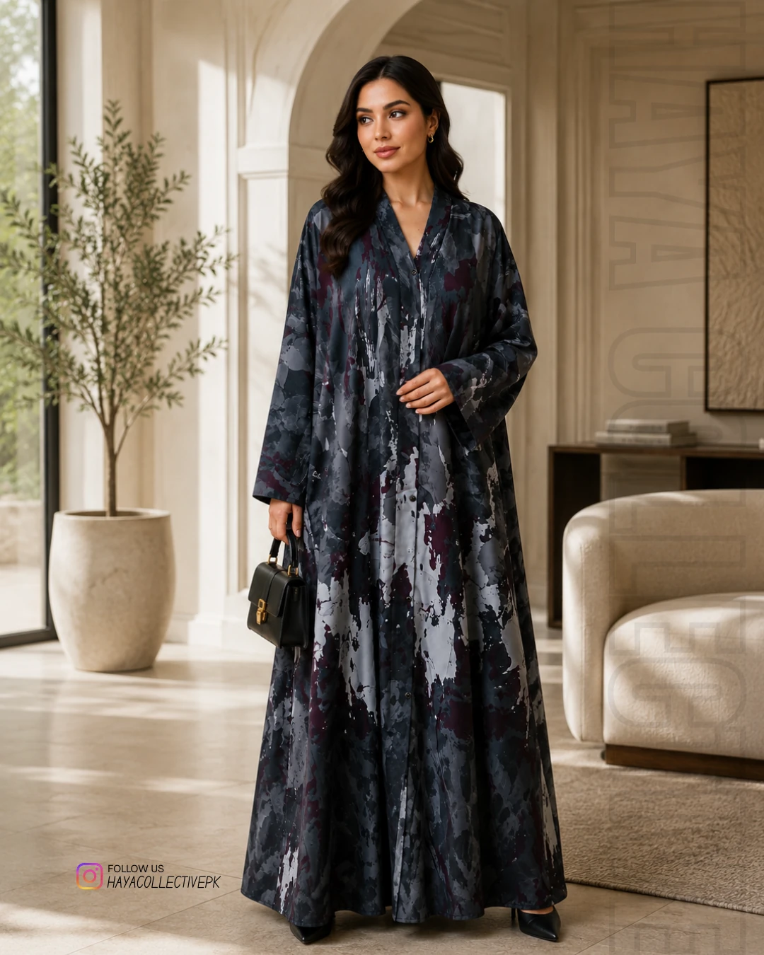 Front view of full-length double georgette printed abaya