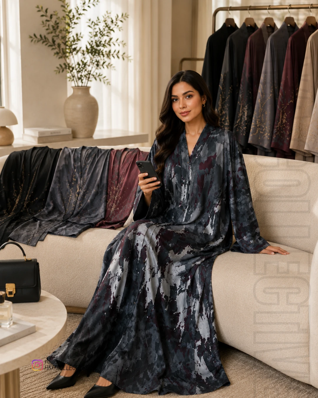 Double Georgette Digital Print Abaya – Charcoal & Burgundy - Image 6